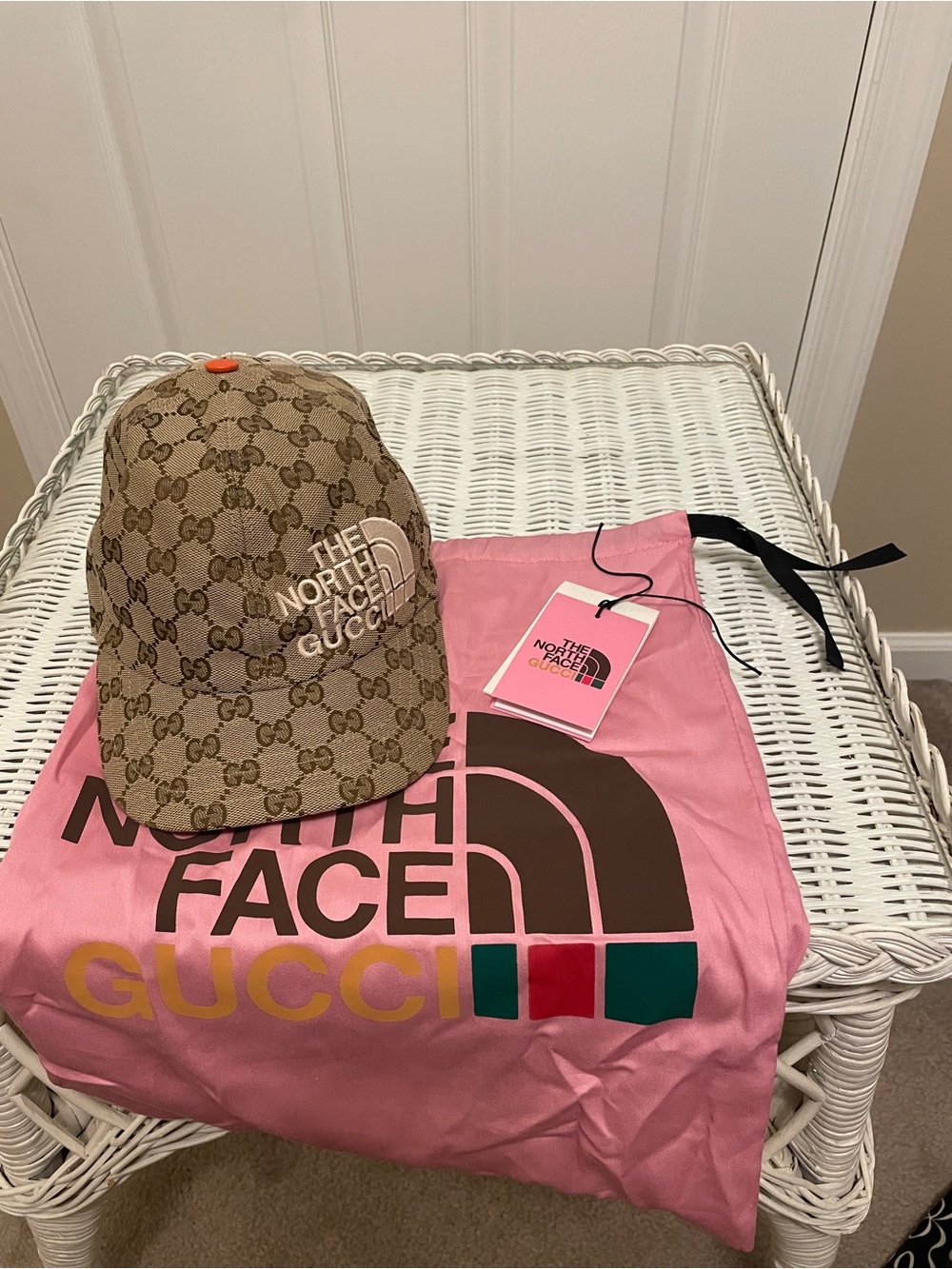 The North Face x Gucci GG Canvas Baseball Cap Hat Beige Orange + Dustbag